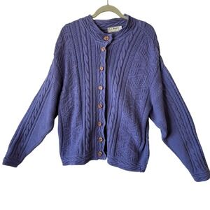 VTG LL Bean Cable Knit Purple Cardigan L USA Cotton Button Sweater Cottagecore